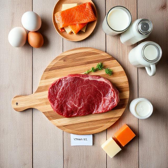 Τροφές πλούσιες σε βιταμίνη Β12: κόκκινο κρέας, αυγά, γάλα και τυρί σε ξύλινη επιφάνεια.